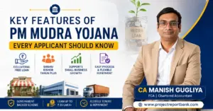 key features pm mudra yojana feature image Key Features of PM Mudra Yojana feature image showing CA Manish Gugliya explaining collateral-free Mudra Loan, Shishu, Kishor, Tarun Plus categories, business growth benefits, and flexible repayment options for entrepreneurs.