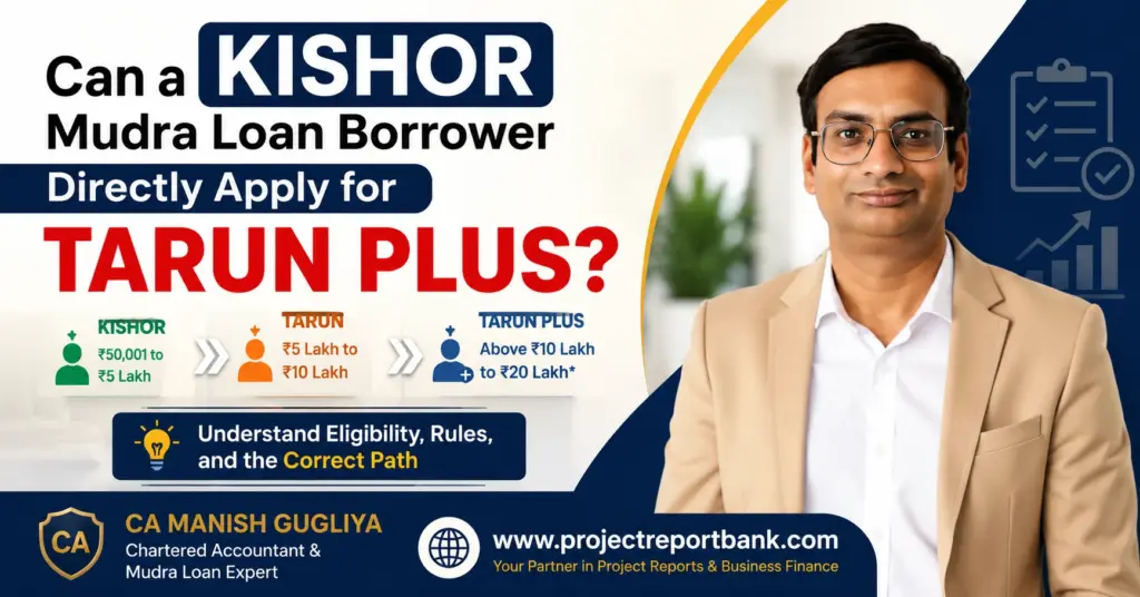 Can a Kishor Mudra Loan borrower directly apply for Tarun Plus, showing Kishor to Tarun to Tarun Plus eligibility path with CA Manish Gugliya.