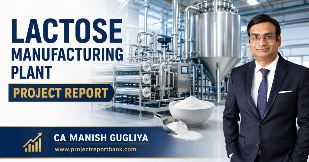 Lactose Manufacturing Plant Project Report featuring industrial dairy processing machinery and CA Manish Gugliya.