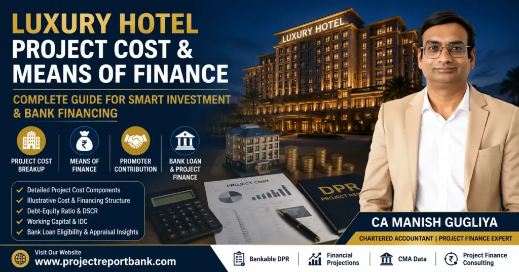 Luxury Hotel Project Cost & Means of Finance guide featuring CA Manish Gugliya, covering project cost, promoter contribution and bank finance.