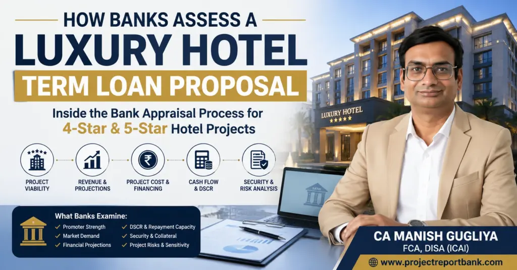 How banks assess a luxury hotel term loan proposal for 4-star and 5-star hotel projects, featuring CA Manish Gugliya and key bank appraisal factors.