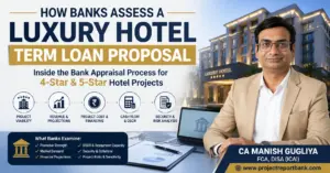 How banks assess a luxury hotel term loan proposal for 4-star and 5-star hotel projects, featuring CA Manish Gugliya and key bank appraisal factors.