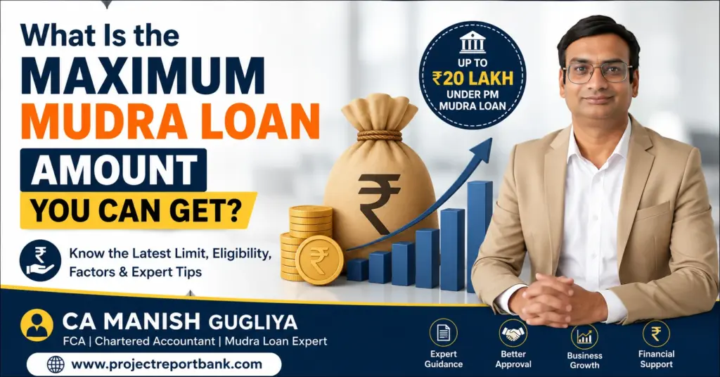 What Is the Maximum Mudra Loan Amount You Can Get? Feature image showing CA Manish Gugliya with ₹20 lakh PM Mudra Loan limit, money bag, coins, growth chart, and ProjectReportBank.com