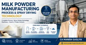 Milk powder manufacturing process and spray drying technology showing dairy processing plant, milk powder production stages, and CA Manish Gugliya.