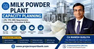 Milk Powder Plant Capacity Planning guide covering LPD, TPD, milk requirement, spray drying, powder output and capacity utilization by CA Manish Gugliya.