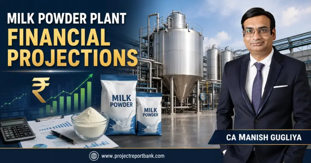 Milk Powder Plant Financial Projections featuring dairy processing equipment, financial growth chart and CA Manish Gugliya.