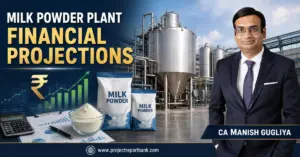 Milk Powder Plant Financial Projections featuring dairy processing equipment, financial growth chart and CA Manish Gugliya.