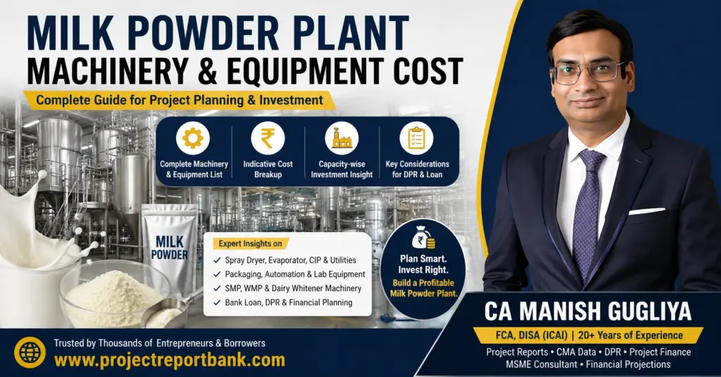 Milk powder plant machinery and equipment cost in India with dairy processing equipment, spray dryer, investment planning, and CA Manish Gugliya.