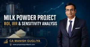 Milk Powder Project ROI, IRR and Sensitivity Analysis by CA Manish Gugliya featuring a milk powder processing plant and financial growth chart.