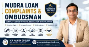 Mudra Loan Complaints and Ombudsman complete guide featured image with CA Manish Gugliya explaining the complaint process, RBI Ombudsman, bank grievance system, and consumer commission for Mudra loan applicants.