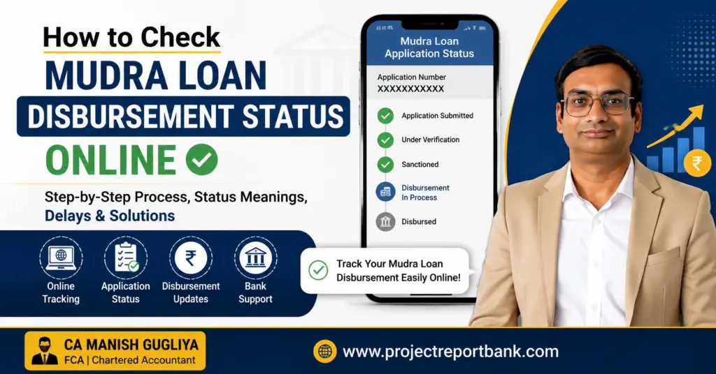 mudra loan disbursement status online feature image How to Check Mudra Loan Disbursement Status Online feature image showing CA Manish Gugliya with a smartphone displaying Mudra loan application status and step-by-step disbursement tracking process.