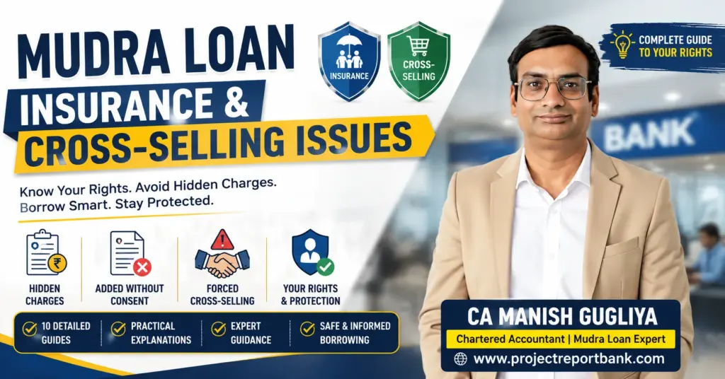 Mudra Loan Insurance and Cross-selling Issues guide by CA Manish Gugliya explaining hidden insurance charges, forced cross-selling, borrower rights, and insurance protection