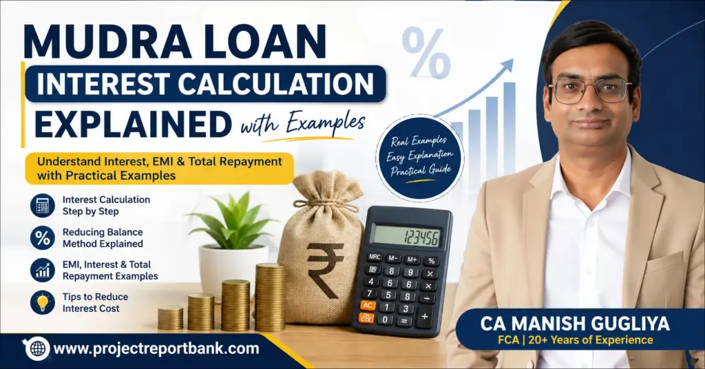 mudra loan interest calculation explained feature image Mudra Loan Interest Calculation Explained with Examples feature image showing CA Manish Gugliya, calculator, money bag, coin stacks, and practical guidance on EMI, reducing balance method, and total repayment for Mudra Loans.