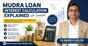 Mudra Loan Interest Calculation Explained with Examples feature image showing CA Manish Gugliya, calculator, money bag, coin stacks, and practical guidance on EMI, reducing balance method, and total repayment for Mudra Loans.