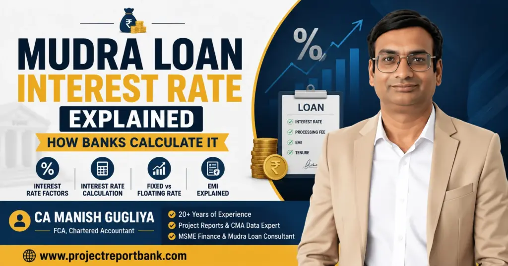 Mudra Loan Interest Rate Explained – How Banks Calculate It feature image with CA Manish Gugliya, interest rate, EMI, fixed vs floating rate, loan calculation icons, and ProjectReportBank.com branding.