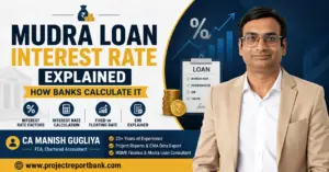 Mudra Loan Interest Rate Explained – How Banks Calculate It feature image with CA Manish Gugliya, interest rate, EMI, fixed vs floating rate, loan calculation icons, and ProjectReportBank.com branding.