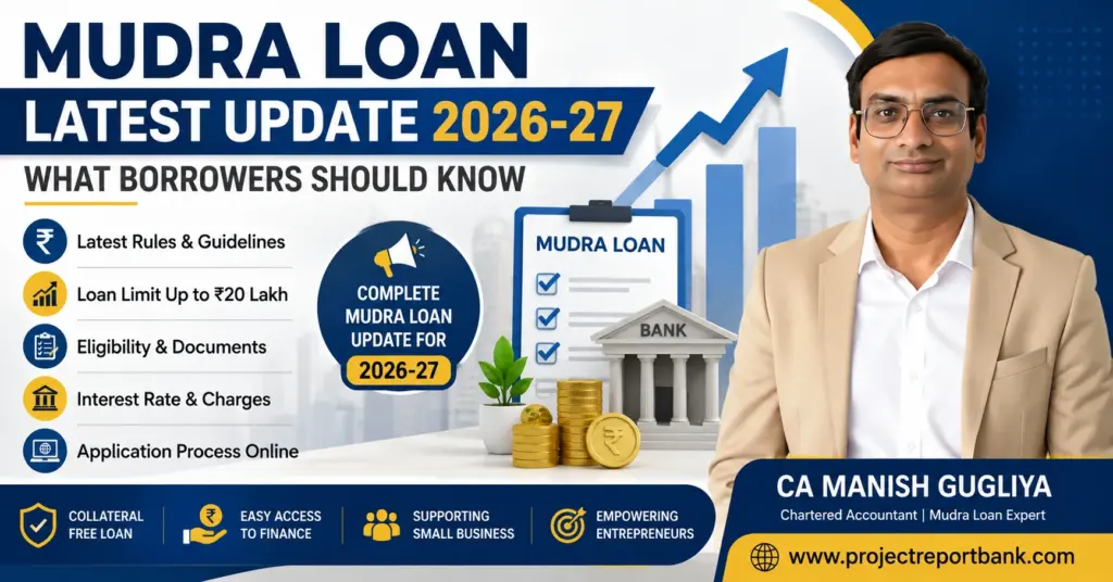 Mudra Loan latest update 2026-27 covering new rules, ₹20 lakh loan limit, eligibility, documents and application process by CA Manish Gugliya.