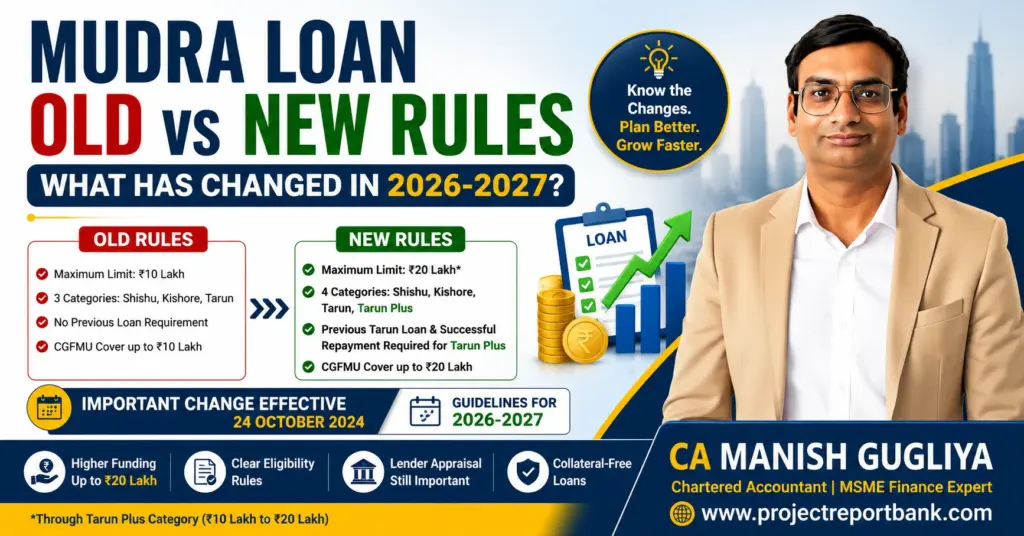 Mudra Loan new rules 2026-2027 old vs new comparison, ₹20 lakh limit and Tarun Plus explained by CA Manish Gugliya.