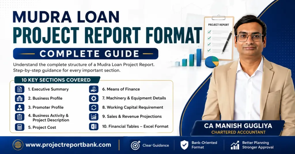 Mudra Loan Project Report Format complete guide covering 10 key sections, explained by CA Manish Gugliya, Chartered Accountant at ProjectReportBank.com.