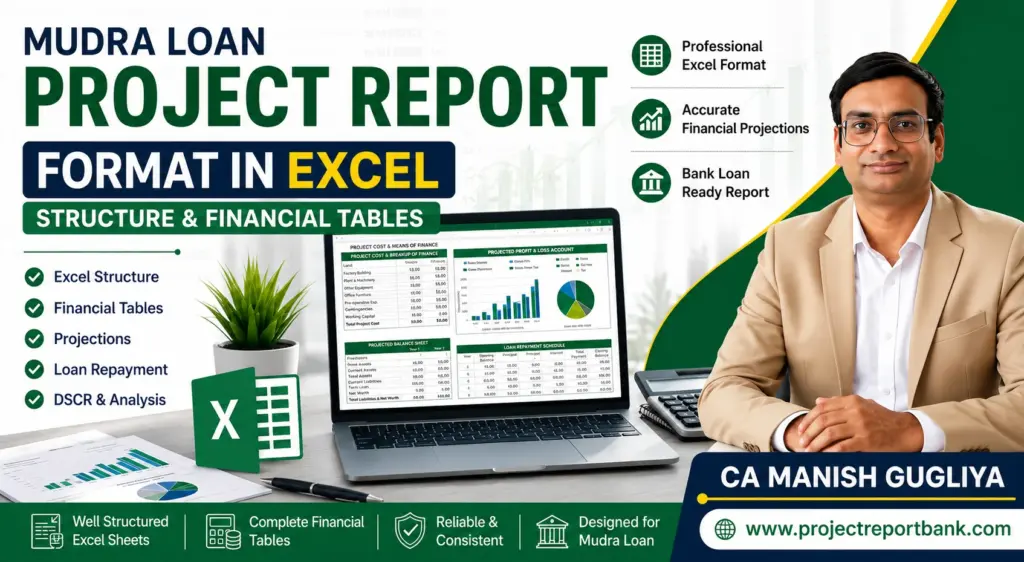 Mudra Loan project report format in Excel with financial tables, projections and loan repayment analysis by CA Manish Gugliya