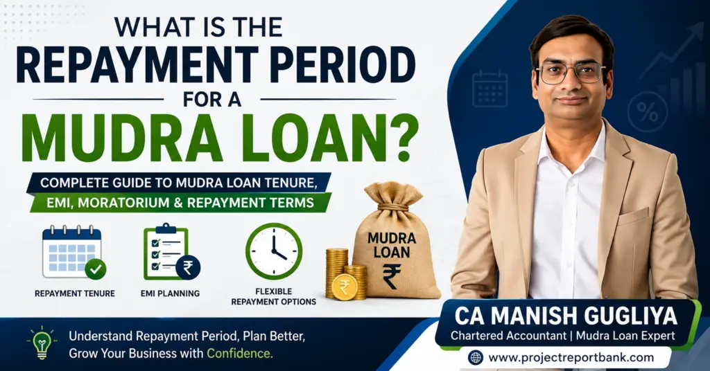 Mudra Loan repayment period guide covering repayment tenure, EMI planning and moratorium by CA Manish Gugliya.
