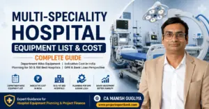 Multi-Speciality Hospital Equipment List & Cost in India – department-wise medical equipment, 50 & 100 bed hospital planning and DPR guide by CA Manish Gugliya.
