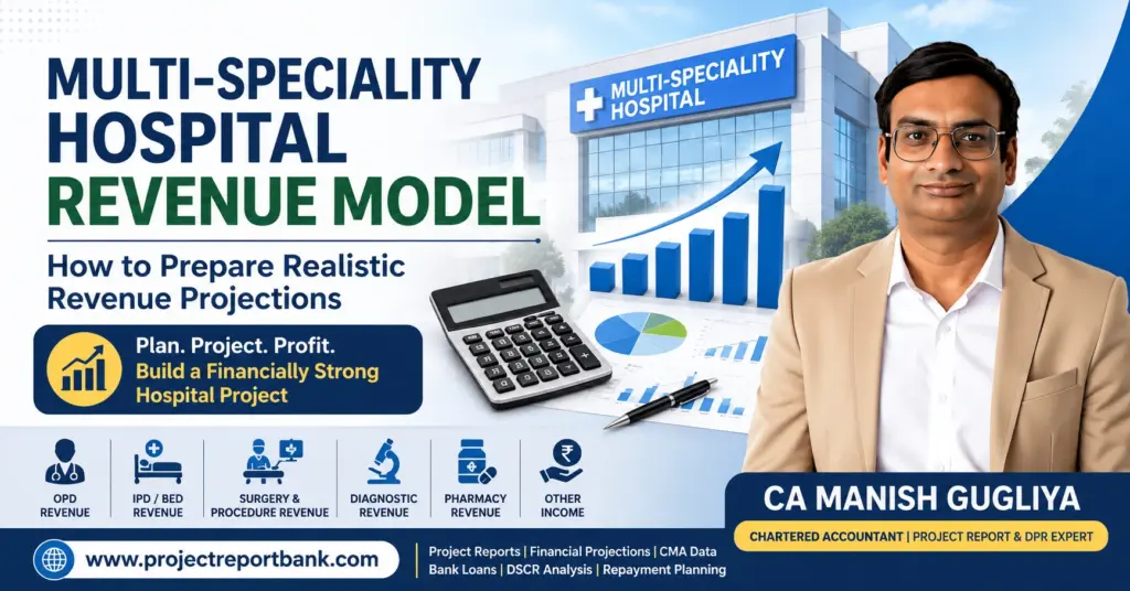 Multi-Speciality Hospital Revenue Model showing OPD, IPD, surgery, diagnostic and pharmacy revenue projections by CA Manish Gugliya.