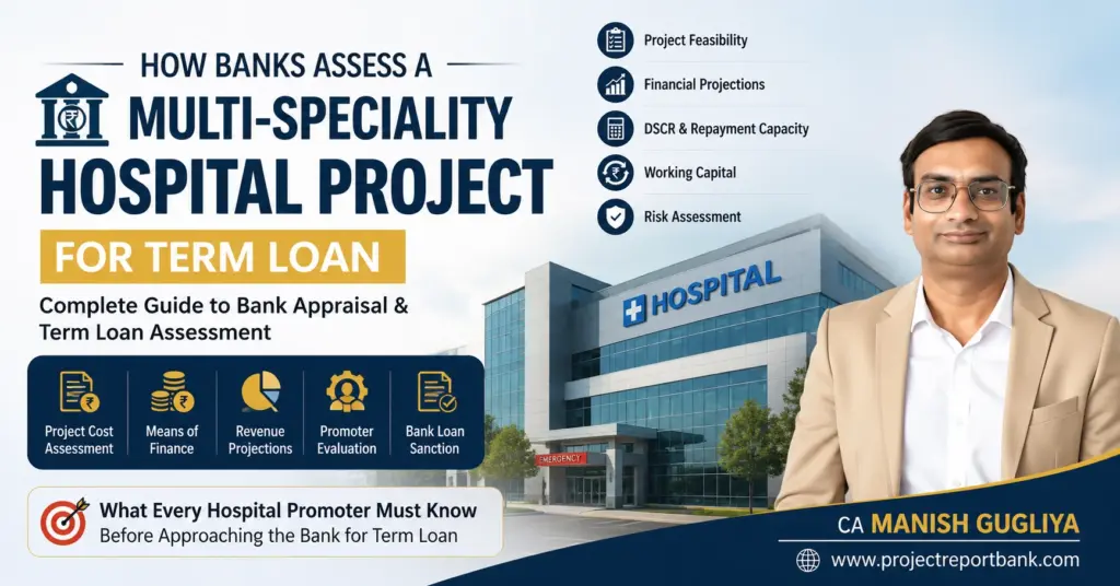 How banks assess a multi-speciality hospital project for term loan, covering project feasibility, financial projections, DSCR, working capital and risk assessment by CA Manish Gugliya.