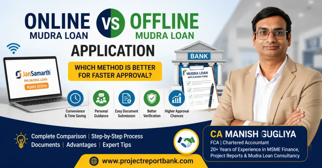 Online vs Offline Mudra Loan Application comparison guide by CA Manish Gugliya showing JanSamarth online application, bank branch offline application, approval comparison, and expert Mudra Loan guidance from ProjectReportBank.