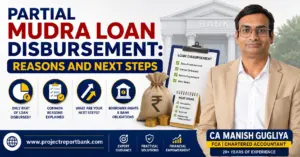 Feature image for 'Partial Mudra Loan Disbursement: Reasons and Next Steps' showing CA Manish Gugliya with banking and loan disbursement graphics, highlighting reasons for partial loan release, borrower rights, required documents, next steps, and www.projectreportbank.com.