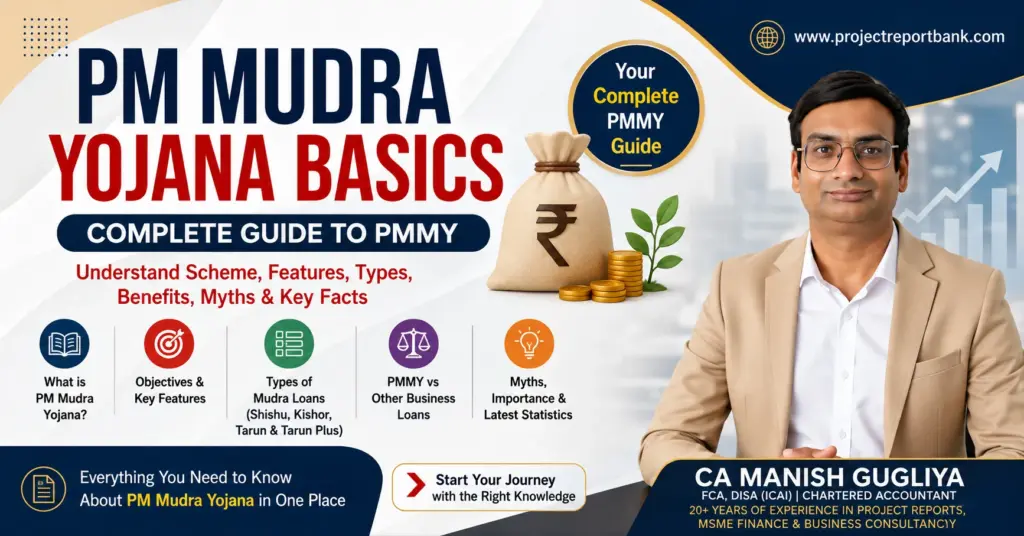 PM Mudra Yojana Basics complete PMMY guide by CA Manish Gugliya covering features, loan types, benefits, myths and key facts