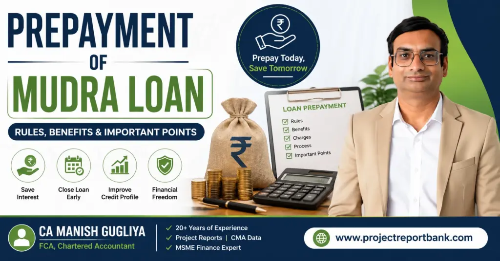 prepayment mudra loan feature image Prepayment of Mudra Loan: Rules, Benefits & Important Points feature image showing CA Manish Gugliya with illustrations of loan prepayment, calculator, money bag, and benefits like saving interest, early loan closure, improved credit profile, and financial freedom, along with ProjectReportBank branding.