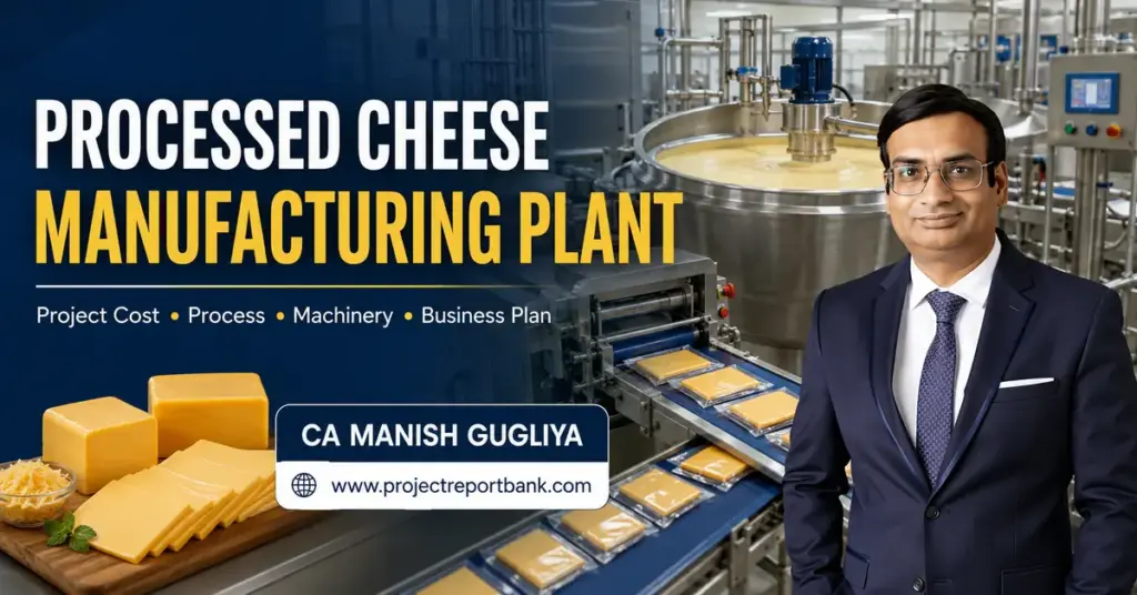 Processed cheese manufacturing plant with production machinery, cheese products and CA Manish Gugliya of ProjectReportBank.com.