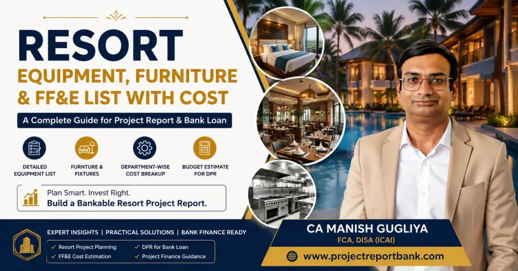 Resort equipment, furniture and FF&E list with cost for project report and bank loan by CA Manish Gugliya.