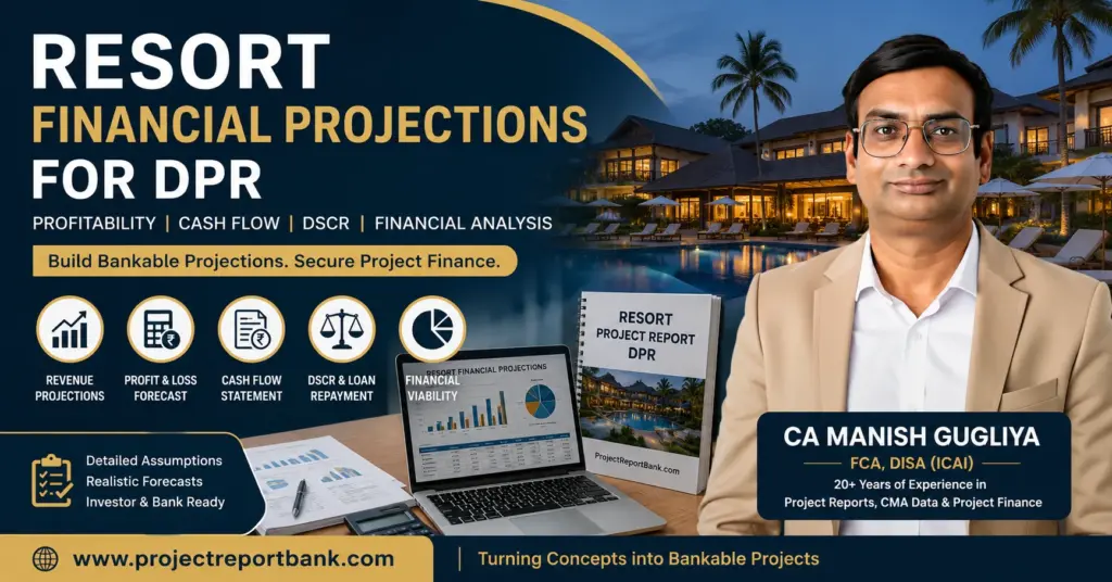 Resort Financial Projections for DPR covering profitability, cash flow, DSCR and financial analysis by CA Manish Gugliya, ProjectReportBank.com.