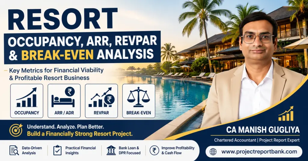 Resort Occupancy, ARR, RevPAR & Break-Even Analysis showing key resort financial performance metrics, by CA Manish Gugliya, ProjectReportBank.com.