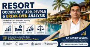 Resort Occupancy, ARR, RevPAR & Break-Even Analysis showing key resort financial performance metrics, by CA Manish Gugliya, ProjectReportBank.com.
