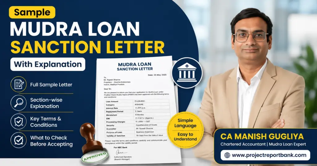 Sample Mudra Loan Sanction Letter with Explanation featuring CA Manish Gugliya, showing a sample loan sanction letter, approval stamp, and key sections borrowers should understand before accepting a Mudra loan.