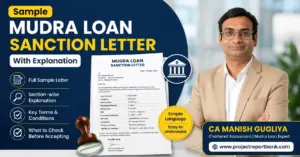 Sample Mudra Loan Sanction Letter with Explanation featuring CA Manish Gugliya, showing a sample loan sanction letter, approval stamp, and key sections borrowers should understand before accepting a Mudra loan.
