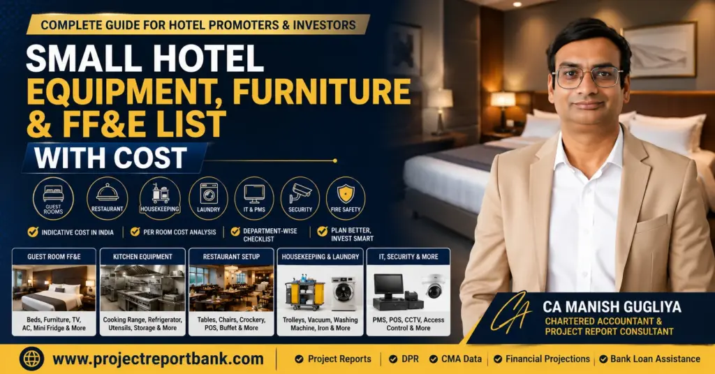 Small Hotel Equipment, Furniture & FF&E List with Cost in India – Guide by CA Manish Gugliya