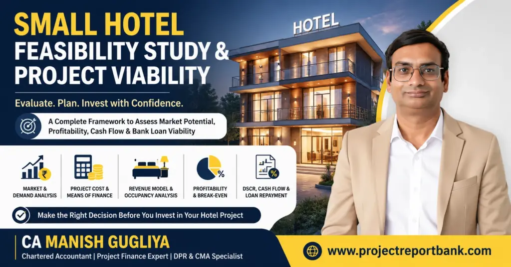 Small Hotel Feasibility Study and Project Viability analysis covering market demand, project cost, revenue, profitability, break-even, DSCR and bank loan viability by CA Manish Gugliya.