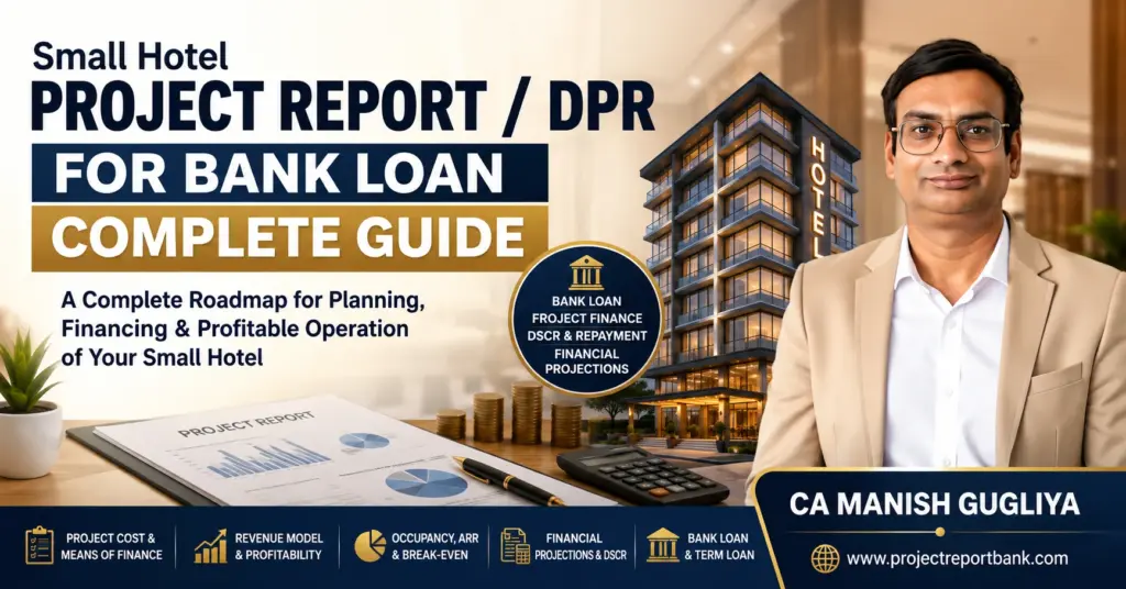 Small Hotel Project Report / DPR for Bank Loan complete guide by CA Manish Gugliya covering project cost, revenue, occupancy, financial projections, DSCR and hotel finance.
