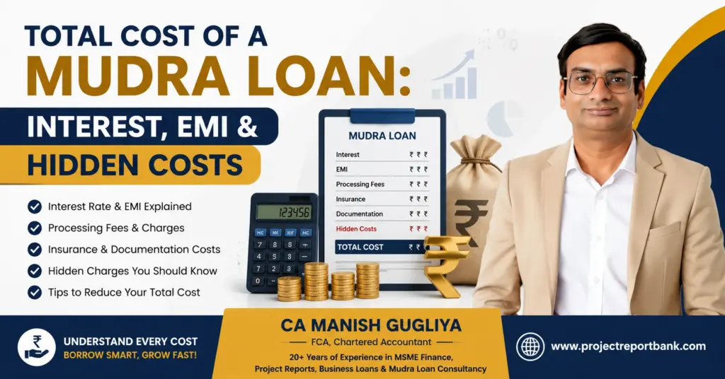 total cost mudra loan feature image Total Cost of Mudra Loan feature image showing interest, EMI, hidden costs, processing fees, calculator, rupee symbol, and CA Manish Gugliya with ProjectReportBank.com explaining complete Mudra loan borrowing costs.