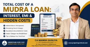 Total Cost of Mudra Loan feature image showing interest, EMI, hidden costs, processing fees, calculator, rupee symbol, and CA Manish Gugliya with ProjectReportBank.com explaining complete Mudra loan borrowing costs.