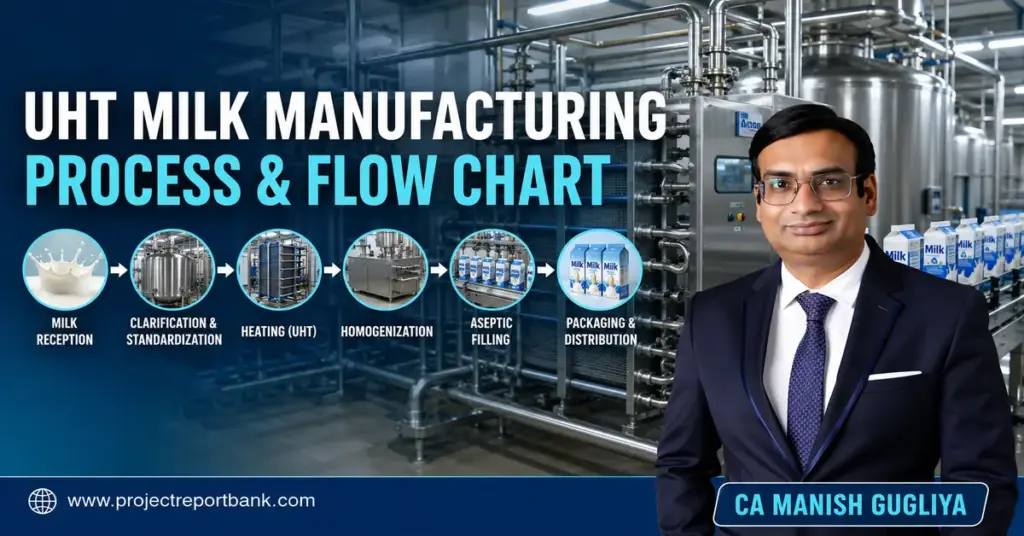 UHT milk manufacturing process and flow chart featuring dairy processing machinery and CA Manish Gugliya.