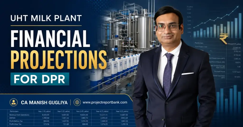 UHT Milk Plant Financial Projections for DPR featuring CA Manish Gugliya, processing machinery and financial charts.