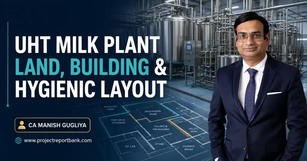 UHT milk plant land, building and hygienic layout requirements featuring CA Manish Gugliya and a modern dairy processing facility.
