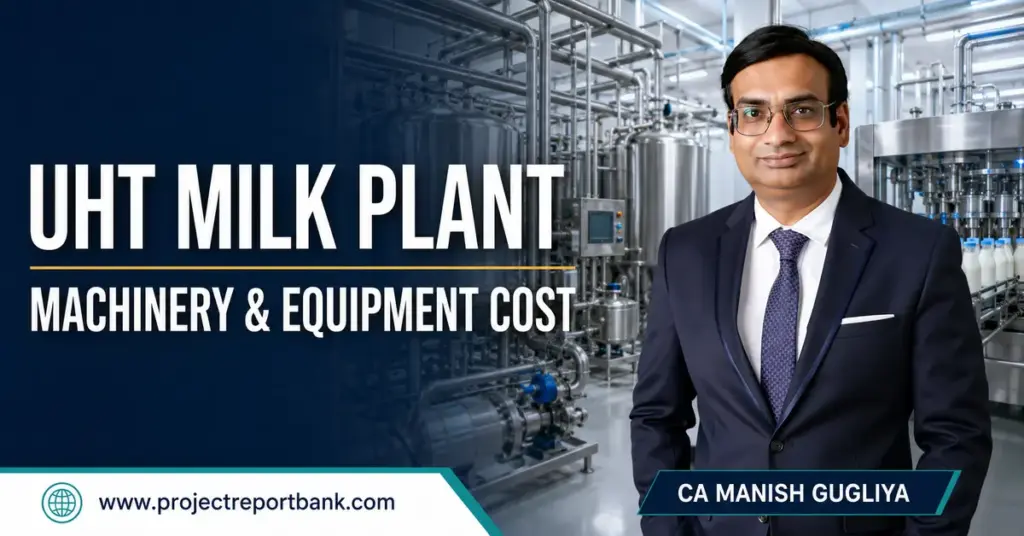 UHT milk plant machinery and equipment cost in India featuring CA Manish Gugliya and a modern dairy processing facility.