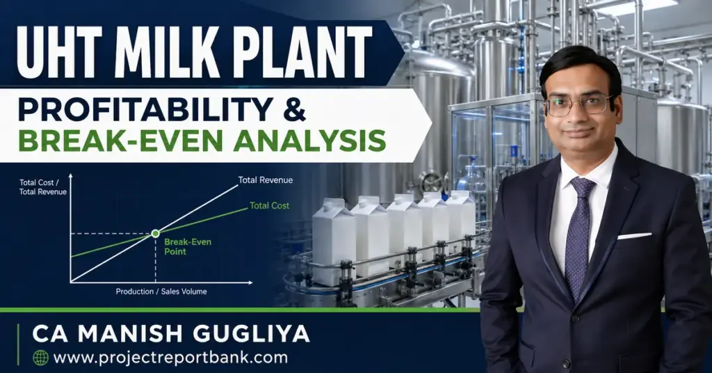 UHT milk plant profitability and break-even analysis featuring CA Manish Gugliya, processing machinery, aseptic milk cartons and break-even chart.