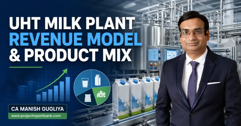 UHT milk plant revenue model and product mix featuring CA Manish Gugliya, aseptic milk cartons, processing machinery and revenue chart.